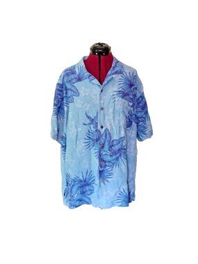Havana Jack's Cafe Shirt XL Blue Silk Hawaiian Camp Shirt Pocket Side Split L